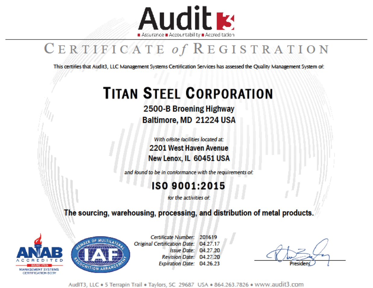 Titan Steel ISO Certificate