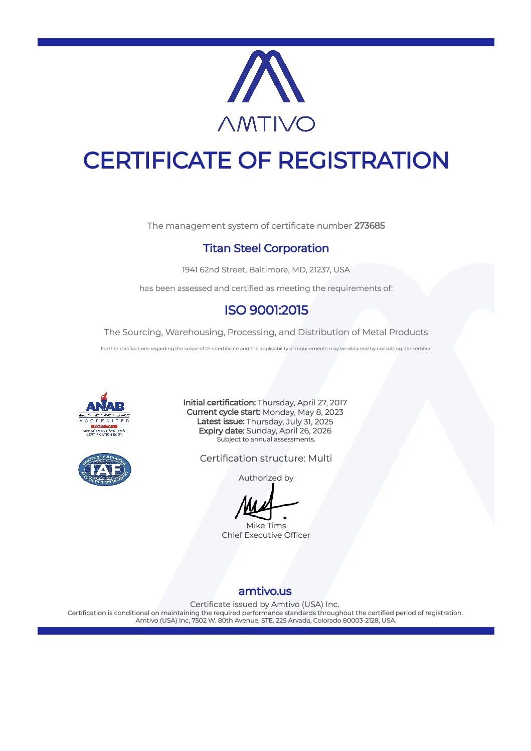 Titan Steel ISO Certificate